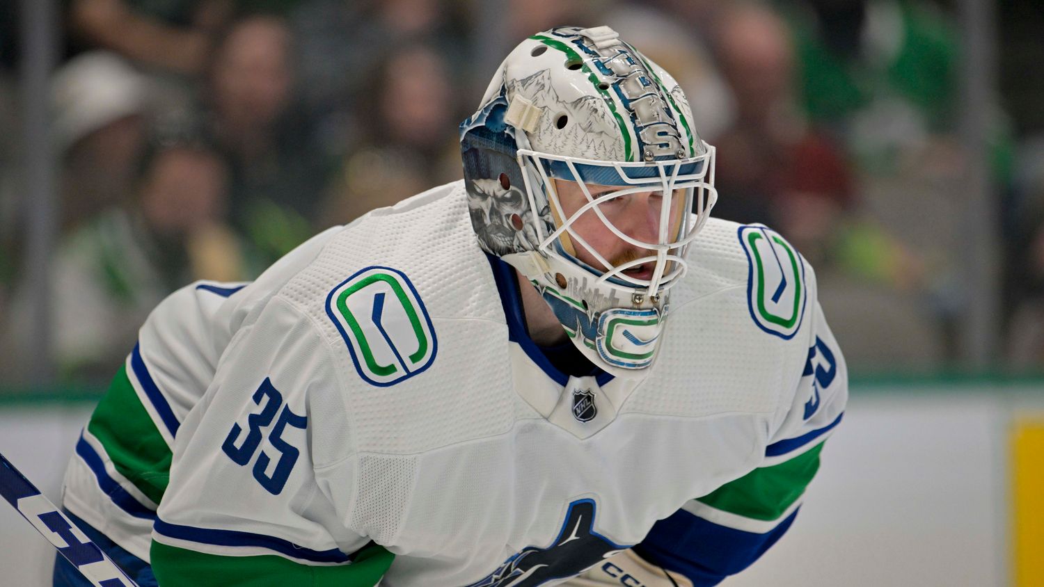 Closeup of Canucks goalie Thatcher Demko